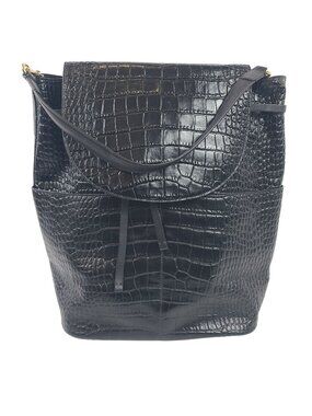 Cuyana Black Crocodile-Embossed Leather Backpack Gold Hardware